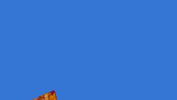 蓝色背景的比萨饼片或比萨饼背景的流行食品动画 — 图库视频影像