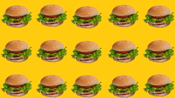 Jídlo Animace Stěhování Hamburgery Nebo Hamburgery Nebo Cheeseburgery Žlutém Pozadí — Stock video