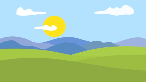 漫画アニメ山や緑の丘を背景に太陽が昇ると沈む — ストック動画