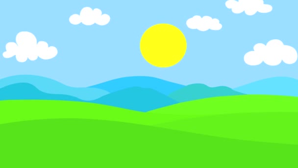 Animacja Kreskówka Wschodzące Zachodzące Słońce Tle Gór Zielonych Wzgórz Wysokiej — Wideo stockowe