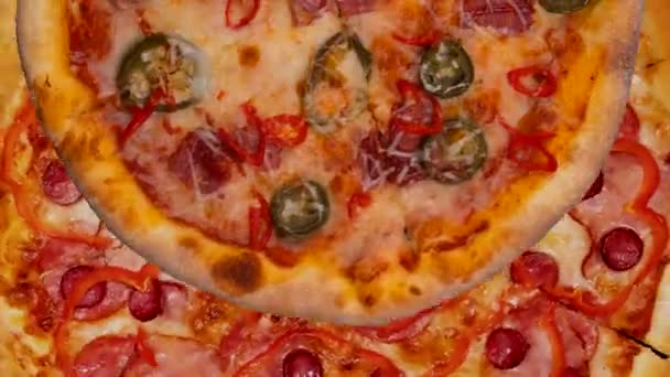 Animação Moderna Fundo Diferentes Tipos Pizza Salame Movimento Jalapeno Picante — Vídeo de Stock