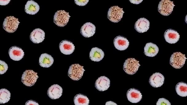 Μοντέρνα Animation Τροφίμων Φόντο Της Περιστροφής Σούσι Maki Ρολά Μαύρο — Αρχείο Βίντεο