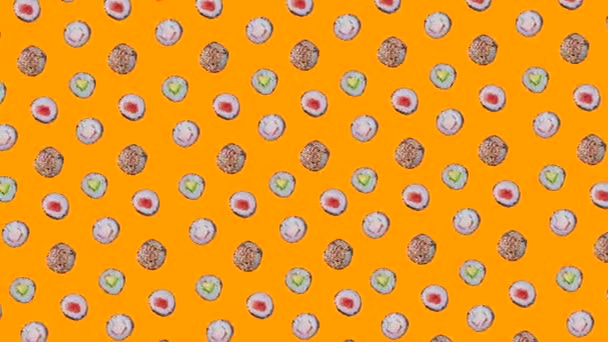 Модная Анимация Продуктов Питания Фон Перемещения Суши Маки Рулоны Оранжевом — стоковое видео