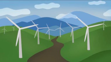 Rotating wind turbines or mills on green hills,with clouds.Animation.Concept of green and harmless energy
