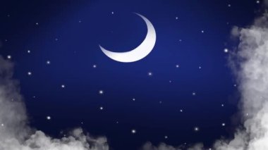 animation, cartoon moon in the sky behind the clouds