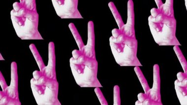Modern trendy background with hand showing two fingers swipe or v sign, gesture meaning victory or peace on black background. motion graphics looped background. pop art animated collage. High quality
