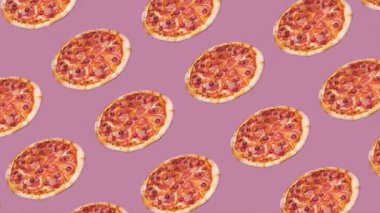 trendy food background animation of flying many pizzas on pink background