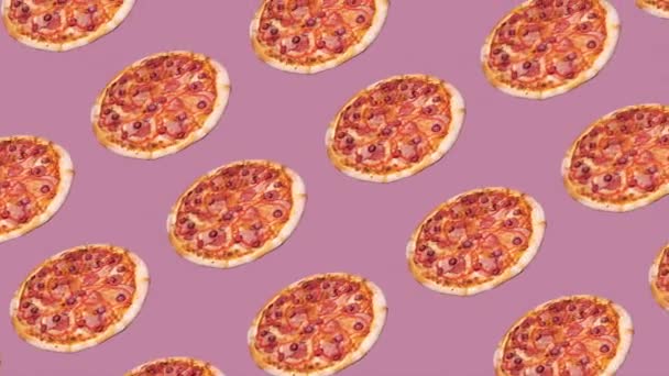 Модний Харчовий Фон Анімація Польоту Багатьох Піц Рожевому Фоні — стокове відео