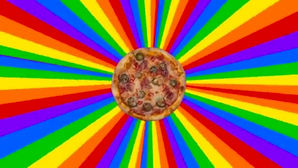 Смешная Анимация Вращающейся Масштабируемой Пиццей Радужном Фоне Высококачественные Кадры — стоковое видео