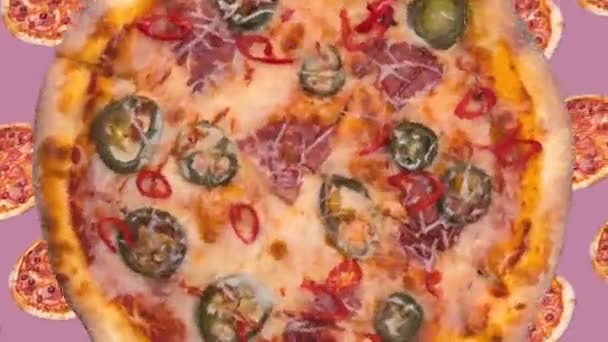 Zabawna Animacja Obracającą Się Pizzą Tle Ruchomych Pizzy — Wideo stockowe