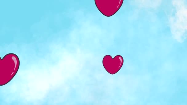 Голубое Небо Облаками Взлетающими Пузырями Сердца Романтический Мультфильм Забавный Фон — стоковое видео