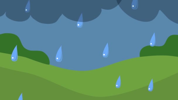 雨の日の漫画アニメーションや雨滴が空や雲から自然を背景に滴り落ちる 天気だ 高品質4K映像 — ストック動画