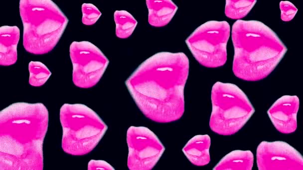女性のピンクの唇を持つアニメーションの背景やポップアートスタイルの黒の背景に口を開きます 高品質4K映像 — ストック動画