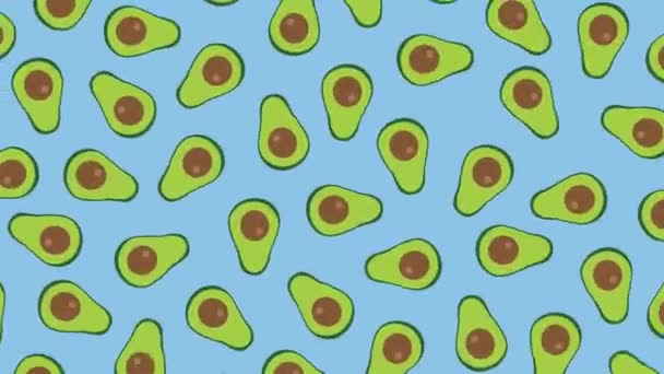 유행성 만화의 손으로 회전하는 아보카도들의 애니메이션 파란색 배경에서 반으로 나누어 — 비디오