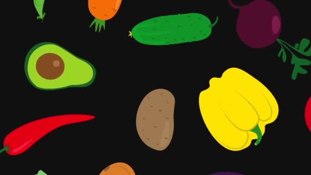 黒を基調に多くの回転果物や野菜を描いた明るいトレンディーな漫画の手描きアニメーション 高品質4K映像 — ストック動画