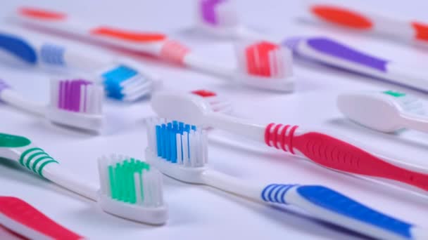 Οδοντιατρικές Οδοντόβουρτσες Φόντου Διαφορετικών Χρωμάτων Λευκό Φόντο Πάνω Όψη Υψηλής — Αρχείο Βίντεο