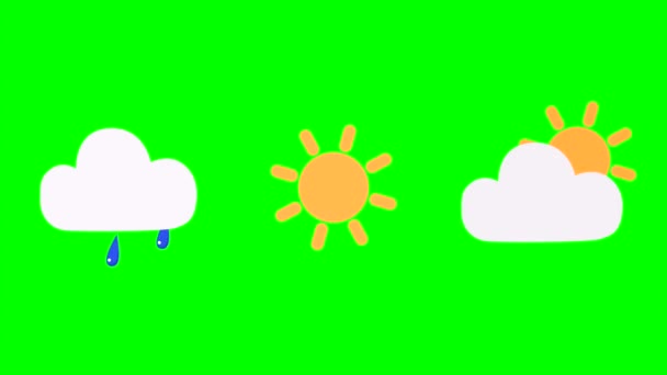 Hava Tahmini Güneş Bulutlar Yeşil Krom Anahtar Zemin Üzerine Yağmur — Stok video