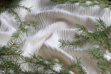 Noel arkaplanı beyaz ekose dalları ile bir noel ağacı üst görünümü. 