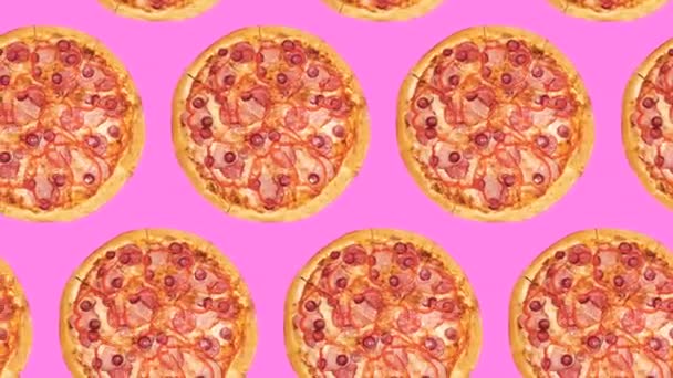 在粉红背景上飞行的许多比萨饼的时尚的旋转食物背景动画 高质量的4K镜头 — 图库视频影像