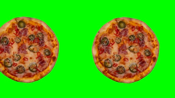 モッツァレラチーズとコペロニーでピザ全体を挿入するための食品アニメーションは 緑色の染色体の背景に飛び越えるか移動します 高品質の4K映像 — ストック動画