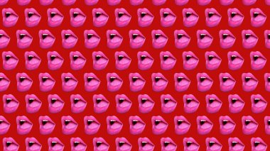 Pembe arka planda kadın dudaklarının ya da ağzının son moda renkli tekrarları. Yüksek kalite fotoğraf