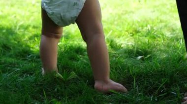 Çocuk öğrenmede ilk adımı atar. Mutlu çocukluk hayali kavramı. Anne ya da baba yeni doğmuş bir bebeğe yürümeyi ve ilk adımları atmayı öğretir. Anne ışığı, çocuğun elini tutar.
