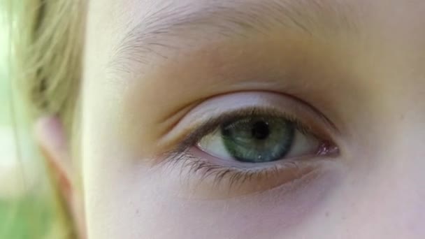Blue Eye Child Kijkt Naar Camera Van Dichtbij Macro Shot — Stockvideo