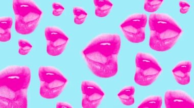 Kadın pembe dudaklı animasyon arka planı ya da pop sanatında mavi arka planda açık ağız. Yüksek kalite 4k görüntü