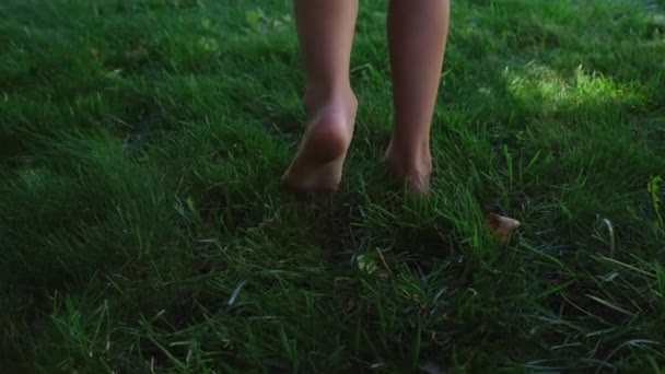 Pernas Menina Adolescente Descalço Caminhando Longe Passo Câmera Grama Verde — Vídeo de Stock