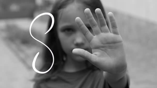 Girl Showing Stop Sign Gesture Black White Photo Child Shows — Stockvideo