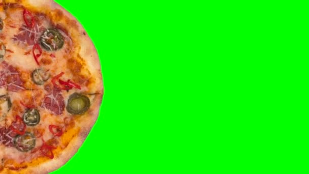 Close Delicious Pizza Mozzarella Cheese Green Chromakey Banner Background Place — Stock Video
