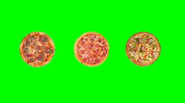 Yeşil renkli arka planda dönen üç farklı pizzanın parlak moda yemek animasyonu. Yüksek kalite 4k görüntü