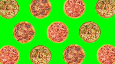Yeşil renkli arka planda dönen farklı pizzaların parlak moda yemek animasyonu. Yüksek kalite 4k görüntü