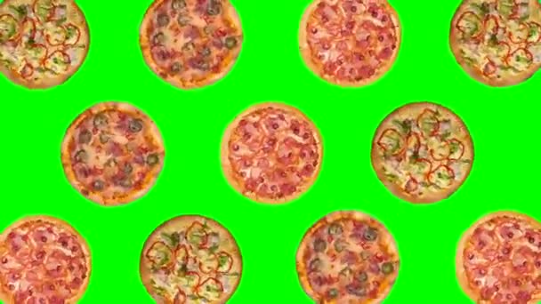 Bright Trendy Food Animation Rotating Different Pizzas Green Chromakey Background — Stock Video