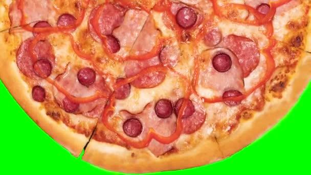 緑色のクロマのキーバックにピザを移動する食品アニメーション 高品質の4K映像 — ストック動画
