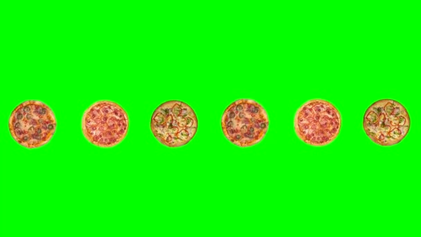 Animación Gastronómica Moda Brillante Diferentes Pizzas Giratorias Sobre Fondo Cromakey — Vídeos de Stock