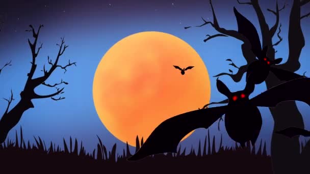 Spaventoso Animazione Bambini Sfondo Paesaggio Notturno Con Luna Pipistrelli Inserire — Video Stock