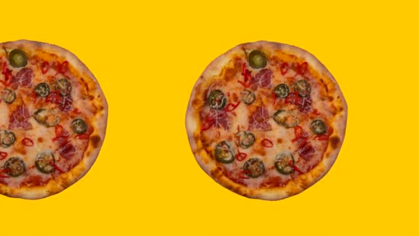Animação Comida Pizzas Móveis Fundo Amarelo Imagens Alta Qualidade — Vídeo de Stock