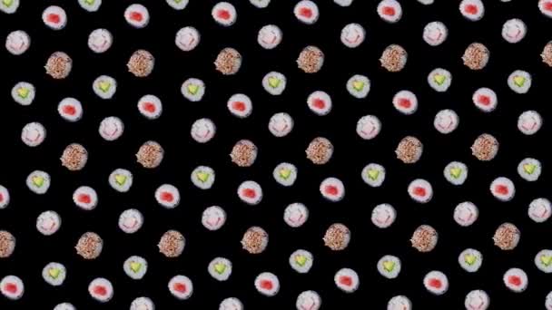 Modna Animacja Żywności Lub Tło Poruszające Sushi Maki Rolki Czarnym — Wideo stockowe
