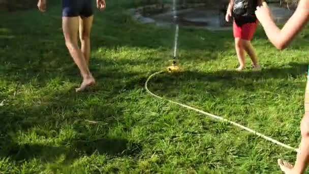 Kinderen Spelen Met Water Het Gras Kinderen Spelen Met Hun — Stockvideo