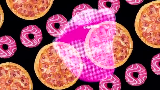Modern Trendy Background Open Mouth Lips Pink Donuts Pizzas Pattern — Stock Video