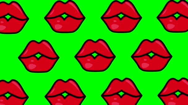 Animacja Całujących Się Czerwonych Ust Zapętlonych Zielonym Tle Klucza Chroma — Wideo stockowe
