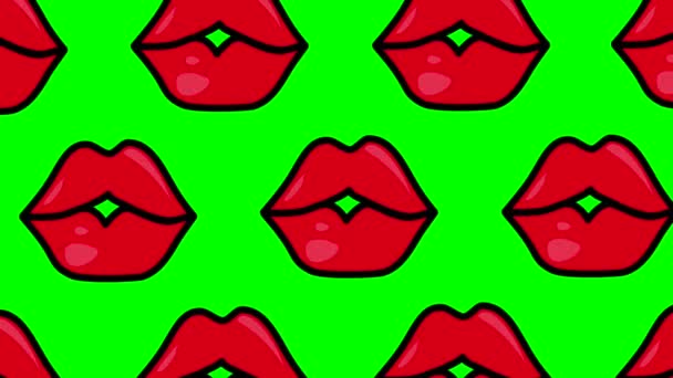 Animación Besar Los Labios Rojos Bucle Sobre Fondo Croma Verde — Vídeos de Stock