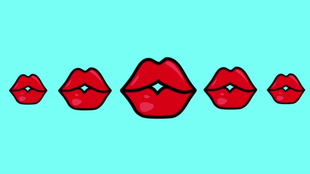 Animação Padrão Fundo Beijar Lábios Vermelhos Enrolados Fundo Azul Imagens — Vídeo de Stock