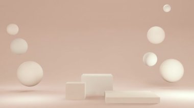 Pembe yuvarlak sahne, kaide ya da podyum ve kabarcıklar ya da küreler. Pembe Pastel Reklamcılık arka planı. Arka plan ya da makyaj ya da moda için model. 4K 'da 3D canlandırma. Yüksek kalite 4k