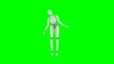 Kameraya bakan ve yeşil renkli arka planda sallanan insansı robot bir kadının animasyonu ya da bilgisayar grafikleri. Yapay zeka konsepti. Yüksek kalite 4k