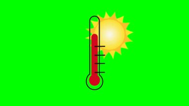Animasyon termometre simgesi yüksek sıcaklık ikonu kavramına sahip ya da yeşil krom arka planda sıcak hava tahminine sahip. Yüksek kalite 4k görüntü