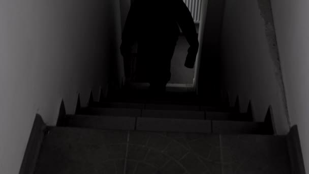 Bir Adamın Bıçaklı Bir Manyağın Karanlıkta Merdivenleri Tırmanan Bir Baltalı — Stok video