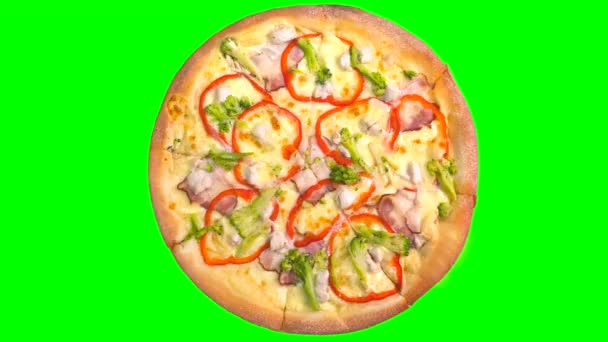 Yeşil Renkli Arka Planda Birçok Farklı Pizzanın Döngü Animasyonu Yüksek — Stok video