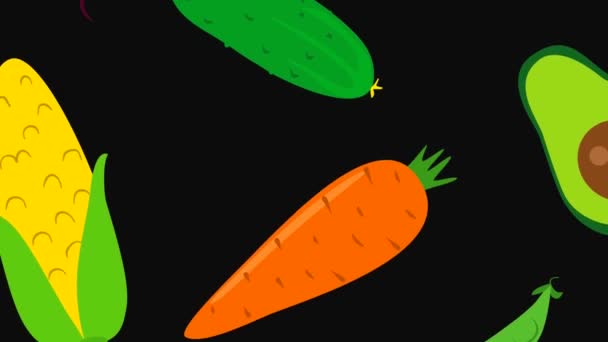 Animación Dibujada Mano Dibujos Animados Moda Brillante Muchas Frutas Verduras — Vídeos de Stock